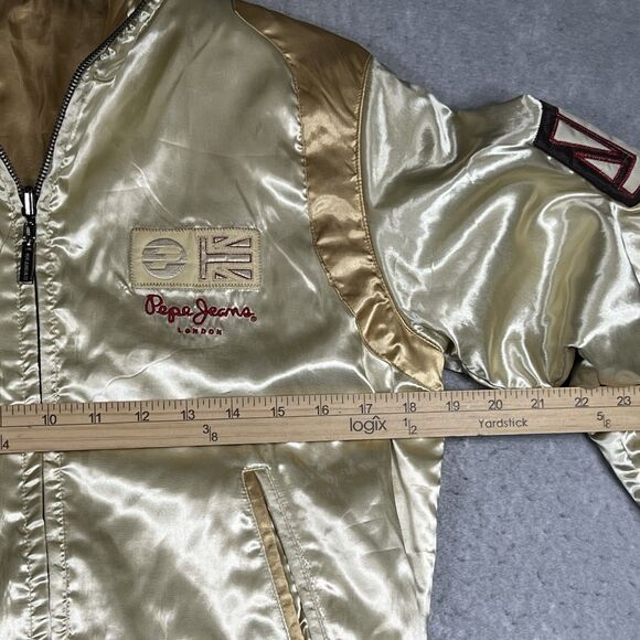 VTG Pepe Jeans London Bomber Varsity Jacket Reversible Gold Satin Women’s LARGE - Picture 4 of 15